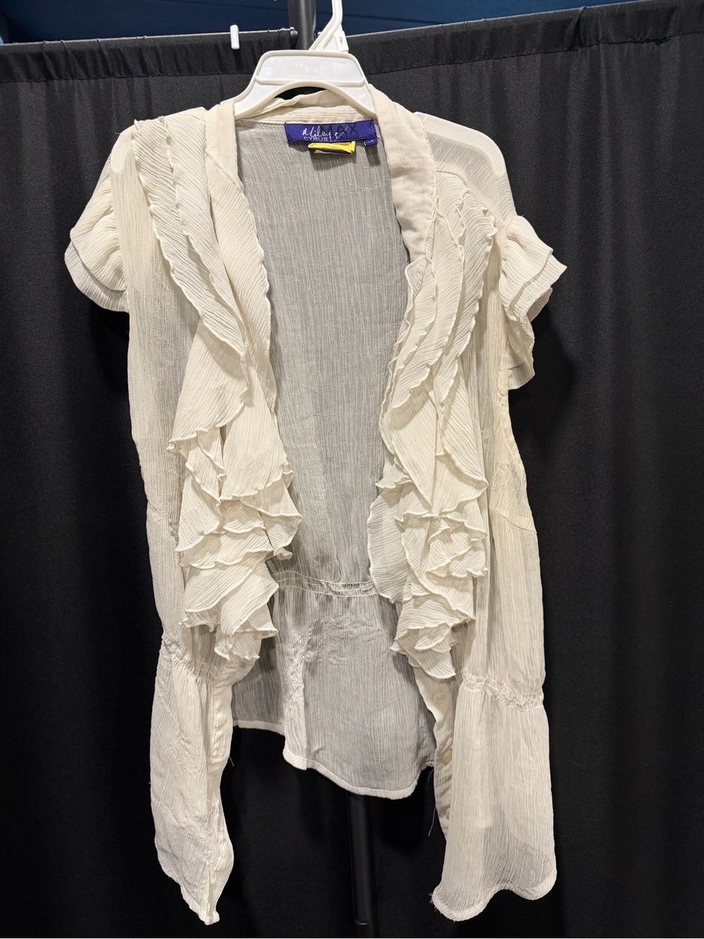 Miley Cyrus & Max Azria Cream Ruffle-Front Short Sleeve Cardigan